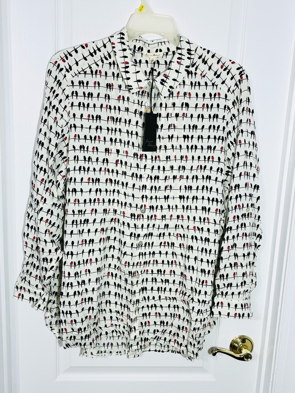 Jane And Delancey Bird on Wire Print Roll Tab Button Front Blouse Ivory Size 2X